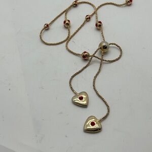 Gold Heart lariat Necklace with Red Accents